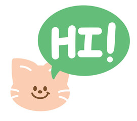 Cute HI icon with cat for greeting card, online shopping, promotion, banner, special price, discount, web button, campaign badge, brochure, price tag, animal, pet shop, vet, kitten cartoon