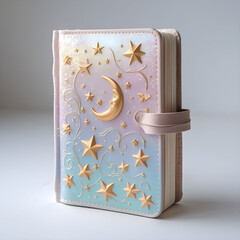 A dream journal with a soft pastel cover, gently glowing, adorned with star.