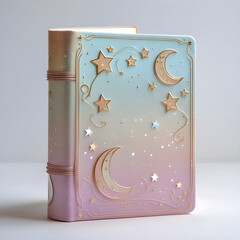 A dream journal with a soft pastel cover, gently glowing, adorned with star.