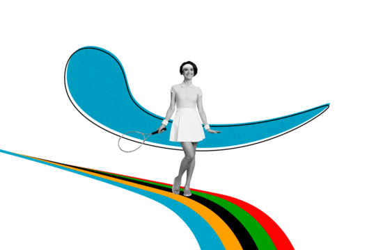 Image collage picture sketch of happy sporty woman tenis trainer play game isolated on painted creative background