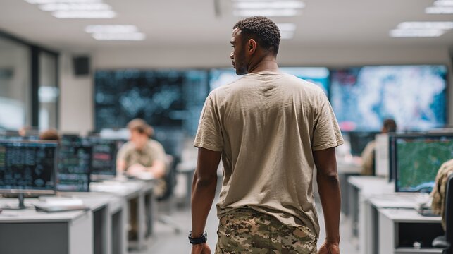 man walking in military office room - Powered by Adobe