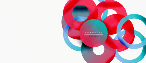 Abstract circles overlap, creating vibrant red, blue hues. Minimalist design, clean background, modern aesthetic. Simple geometry, dynamic composition.
