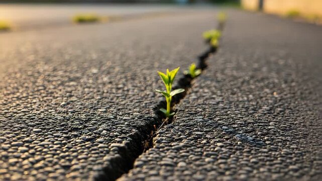A green plant sprout grows through a crack in the asphalt. A symbol of hope, strength, and new life. The concept of resilience and persistence