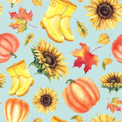 Sunflowers with pumpkins, autumn leaves, and yellow boots are a seamless pattern for Thanksgiving decor. Hand-drawn watercolor illustration. Background and plant collage for printing on fabric.