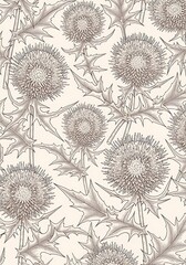 Intricate hand-drawn thistle pattern with spiky leaves and detailed heads