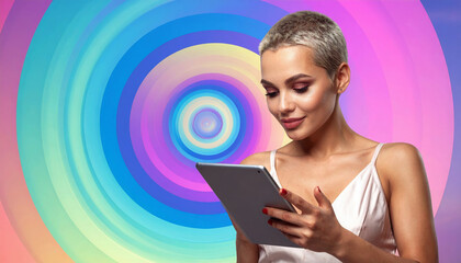 Fashionable woman with short hair smiles while looking at tablet With a colorful circle background.