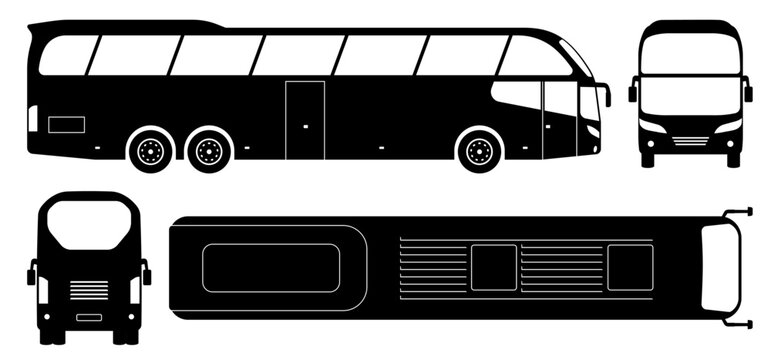 Fototapeta Black and white vector icons of a tourist bus shown from four different angles: side, front, rear, and top view. Simple, clean silhouette style for easy use in design projects.