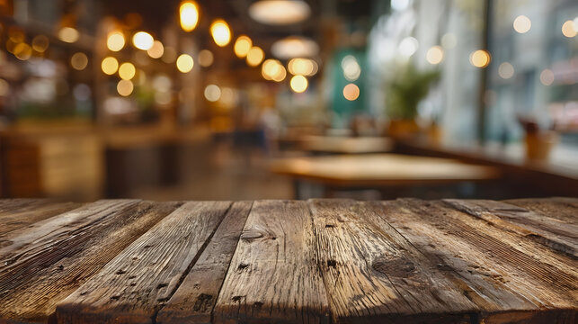 Empty brown wooden table with blurred background in coffee and bakery shop concept
