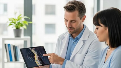 Male doctor explaining spinal anatomy to a female patient on a digital tablet. Medical professional showing a 3D model during a consultation. Healthcare and technology concept