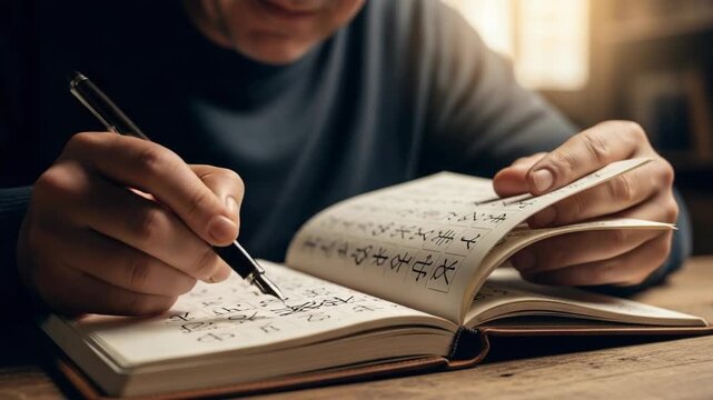 A person practicing Chinese calligraphy in a notebook with a fountain pen. Close-up of hands writing Japanese kanji characters. Language learning and education concept