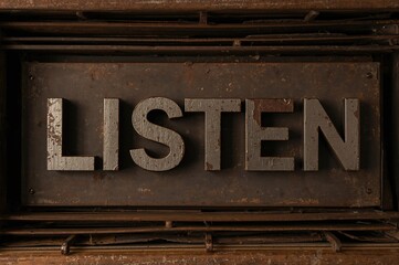 Obraz premium The word LISTEN displayed in retro metal type in a wooden compartment with separators.