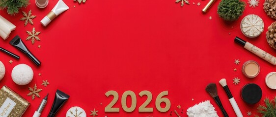 Festive beauty products arranged on vibrant red background with decorative elements and the year 2026, creating a cheerful holiday atmosphere for celebrations