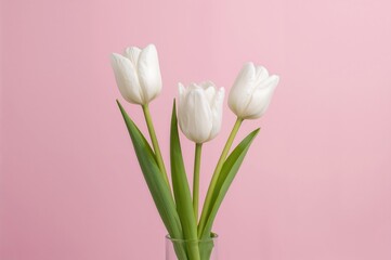 Fototapeta premium Three white tulips against a pink backdrop. Portrait orientation.