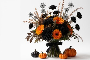 Vibrant autumn floral arrangement featuring black and orange flowers, decorative pumpkins, and spider web accents, perfect for seasonal celebrations and Halloween decor