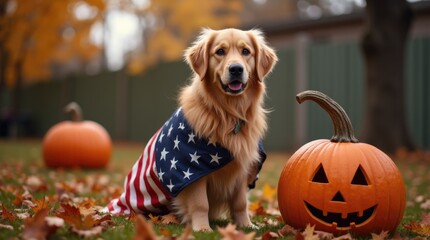 Golden retriever wearing American flag cape poses beside carved pumpkins in autumn leaves, capturing festive spirit and playful atmosphere