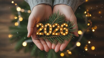 Hands holding fresh pine branches adorned with glowing 2026 numbers, surrounded by festive lights, creating a warm holiday atmosphere for celebration and reflection