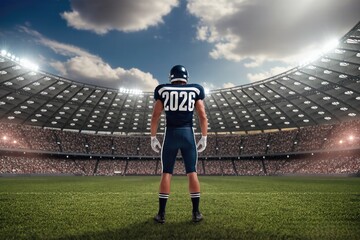 Football player in blue uniform stands confidently on the field, illuminated by stadium lights, ready for the upcoming game in a vibrant sports arena atmosphere