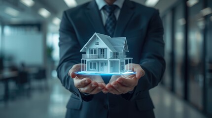 Businessman in suit holding a holographic house model in hands, showcasing innovative real estate technology and modern architectural design concepts