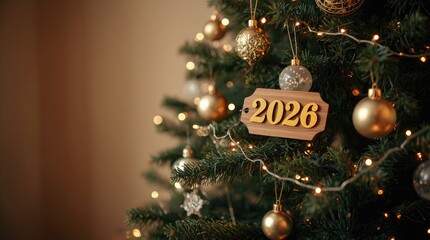 Festive Christmas tree adorned with golden ornaments and lights, featuring a wooden tag displaying the year 2026, creating a warm holiday atmosphere