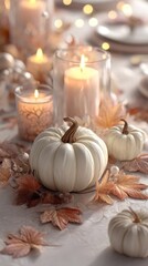 White pumpkins surrounded by autumn leaves and candles create a warm, inviting atmosphere for a seasonal celebration or festive gathering