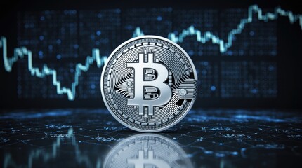 Bitcoin cryptocurrency coin stands prominently in front of a digital graph, symbolizing financial technology and the evolving landscape of digital currencies