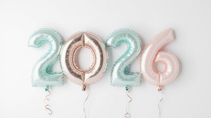 Colorful metallic balloons shaped as the numbers 2026, arranged in a festive display against a clean white background, symbolizing celebration and new beginnings
