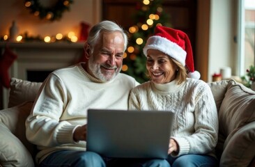Elderly couple enjoying quality time together while using a laptop, surrounded by festive decorations, creating a warm holiday atmosphere