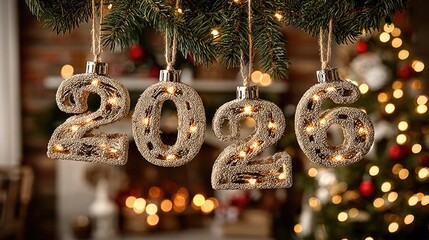 Decorative 2026 numbers adorned with lights hanging from evergreen branches, creating a festive atmosphere for holiday celebrations and new year festivities