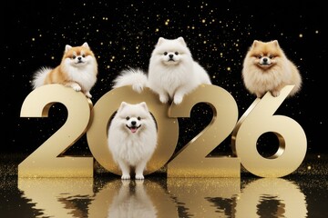 Four adorable fluffy dogs are playfully perched on golden numbers 2026, celebrating the New Year with a festive atmosphere and sparkling background