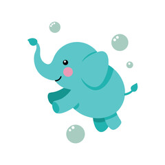 Fototapeta premium Turquoise elephant jumping with bubbles animal cartoon
