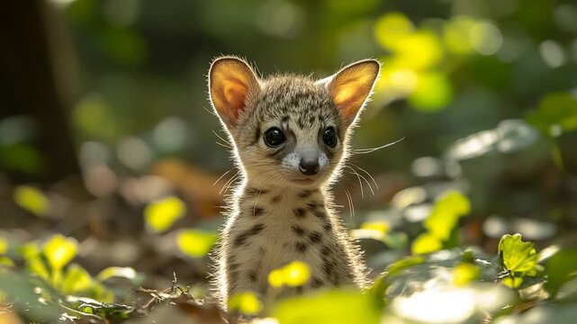 Adorable baby genet kitten with big ears looking at the camera in a lush green forest.