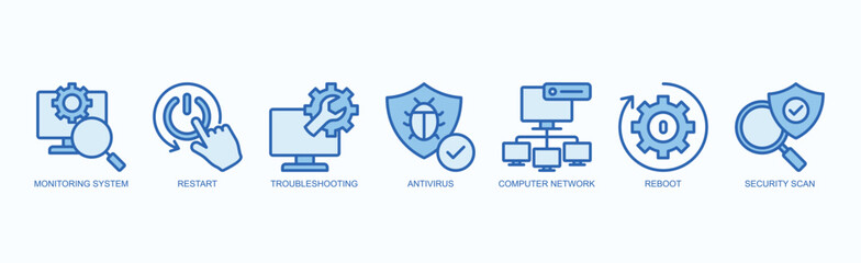 System Pulse Icon Set Isolated Vector With Icon Of Monitoring System, Restart, Troubleshooting, Antivirus, Computer Network, Reboot, Security Scan In Blue Style