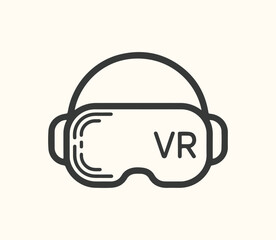 Vector art of a simple, clean line art icon representing a virtual reality headset with the letters vr displayed on the lens, isolated on a light beige background