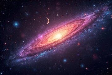 This 3D visualization features celestial themes such as galaxies, stars, and the universe, highlighted by ethereal lighting and vibrant neon hues.