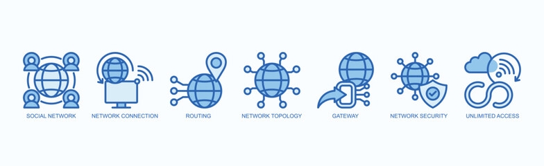 Boundless Network Icon Set Isolated Vector With Icon Of Social Network, Network Connection, Routing, Network Topology, Gateway, Network Security, Unlimited Access In Blue Style