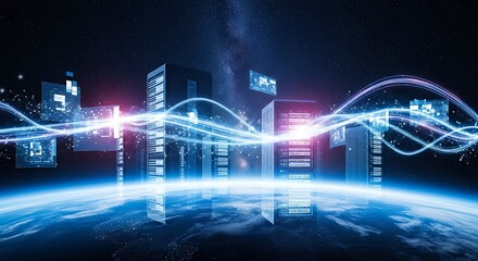 Network servers with digital streams over Earth illustration reflects in a surface, concept for global network, cloud computing and data communication technologies