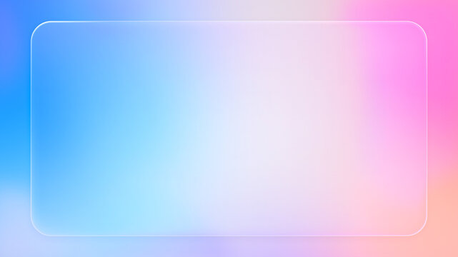 Beautiful transparent rounded rectangle liquid glass frame background, realistic glassmorphism user interface, abstract empty frosted plate on pink colorful gradient, blurred UI design illustration