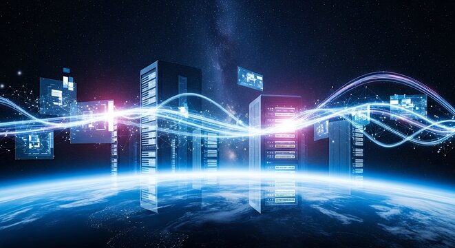 Network servers with digital streams over Earth illustration reflects in a surface, concept for global network, cloud computing and data communication technologies - Powered by Adobe