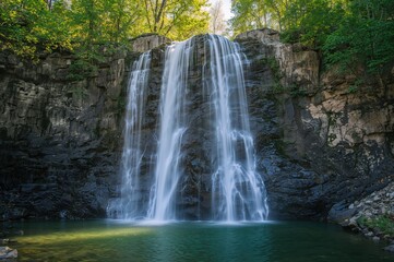 Fototapeta premium A cascade flowing over stones during the summer season