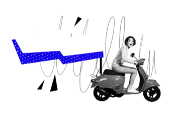 Composite photo collage of excited girl ride retro vespa moped colorful poster delivery service travel isolated on painted background