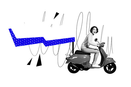Composite photo collage of excited girl ride retro vespa moped colorful poster delivery service travel isolated on painted background