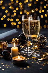 Two filled champagne glasses surrounded by candle lights and golden colored items against a dark blurry background with light dots. Vertical, standing image.
