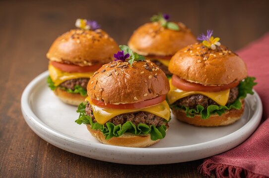 Trio of plant-based mini burgers on pretzel bread - Powered by Adobe