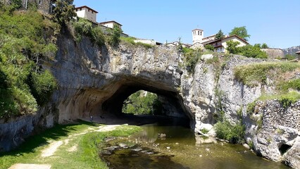 Aerial view of the town of Puentedei, province of Burgos, Spain. A place built on a huge stone tunnel through which the river passes.