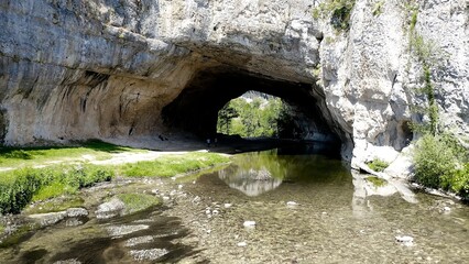 Aerial view of the town of Puentedei, province of Burgos, Spain. A place built on a huge stone tunnel through which the river passes.