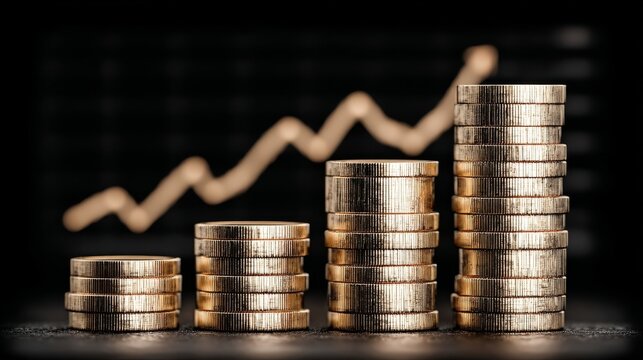 Ascending stacks of gold coins with a subtle line graph in the background,