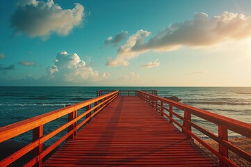 Fototapeta premium Ocean view with wooden pier and lounge chairs