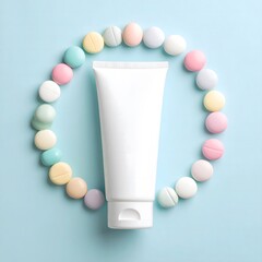 Minimalist beauty product mockup with a white squeeze tube inside a vibrant circle of pastel confections on a blue background