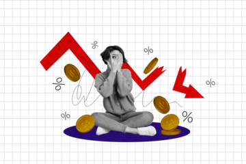 Composite trend artwork sketch photo collage of copybook page trader business arrow down crisis loss money coins lady walk push platform