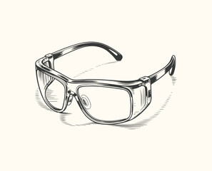 Vector art of a detailed sketch of safety glasses, highlighting their protective features and design, isolated on a light background